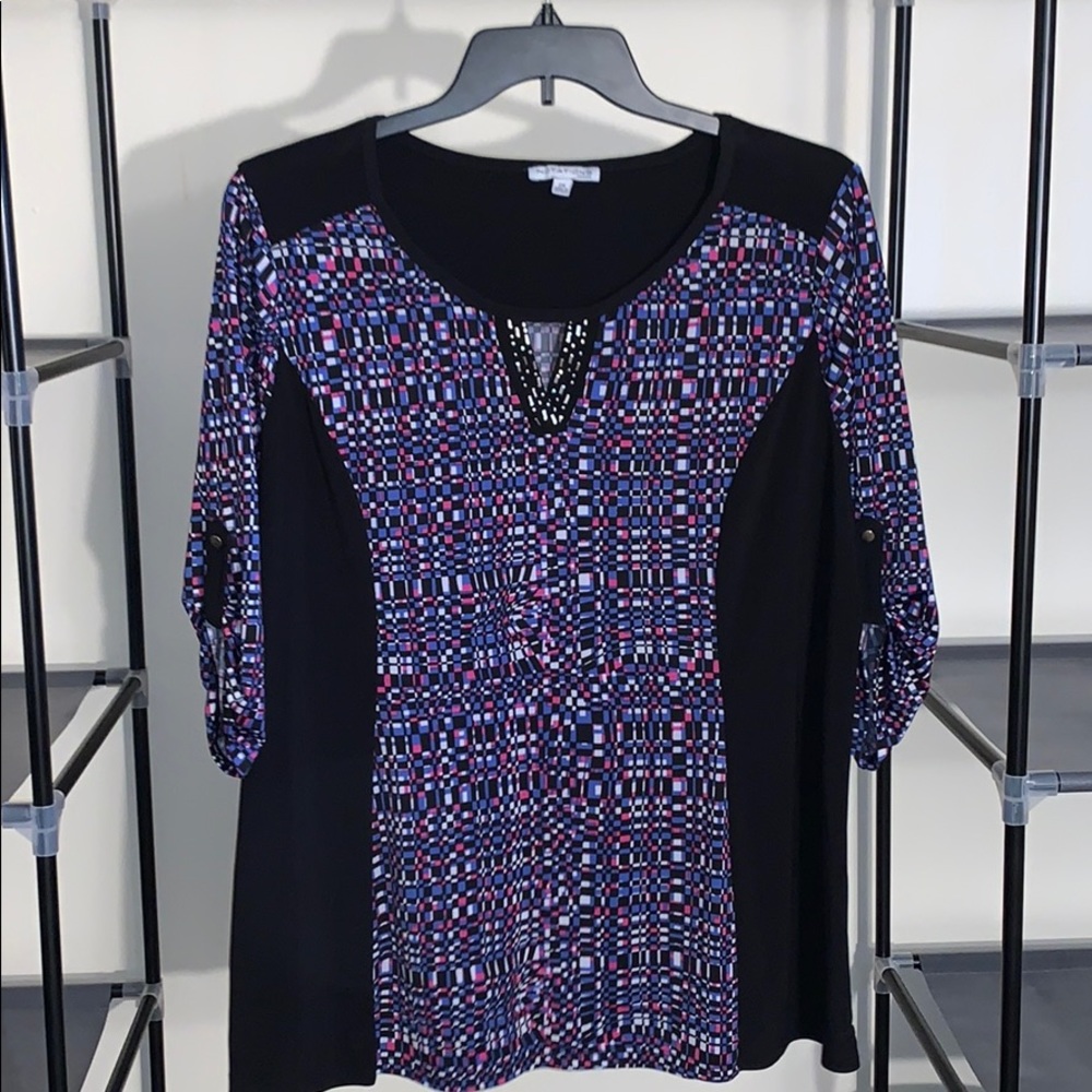 Black Blouse with Pink, Blue, and White accents